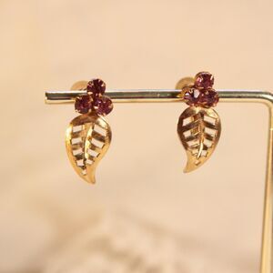 Dainty Fairycore Gold-Tone Leaf Clip-On Earrings with Purple Rhinestones
